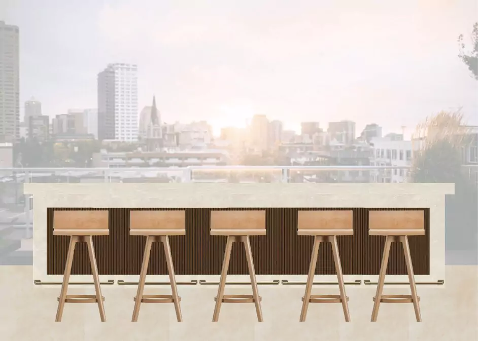 a-row-of-stools-in-front-of-a-city