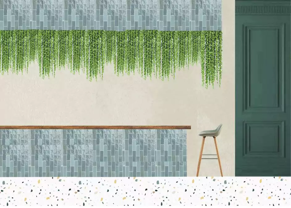 a-wall-with-a-bar-stool-and-a-green-plant-over-it