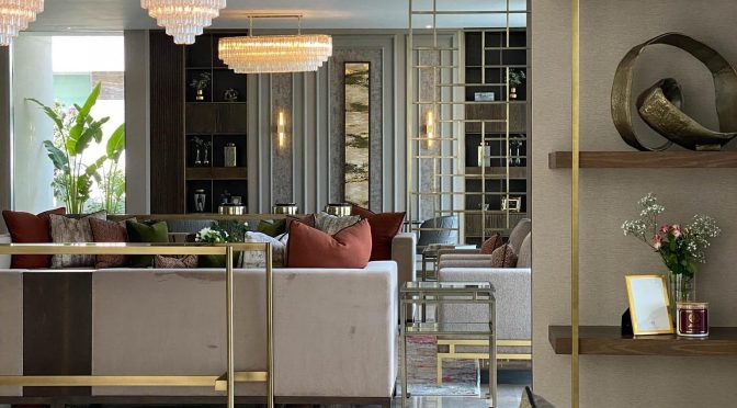 Luxury coffee table styling in modern living room with elegant decorative accessories