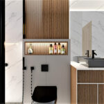 Thumbnail of http://Modern%20bathroom%20with%20marble%20walls,%20wood%20vanity,%20black%20fixtures%20and%20glass%20shower.