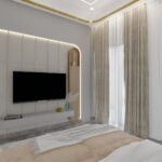 Thumbnail of http://Contemporary%20master%20bedroom%20with%20upholstered%20king-size%20bed,%20paneled%20TV%20wall,%20full-height%20curtains,%20and%20warm%20accent%20lighting.