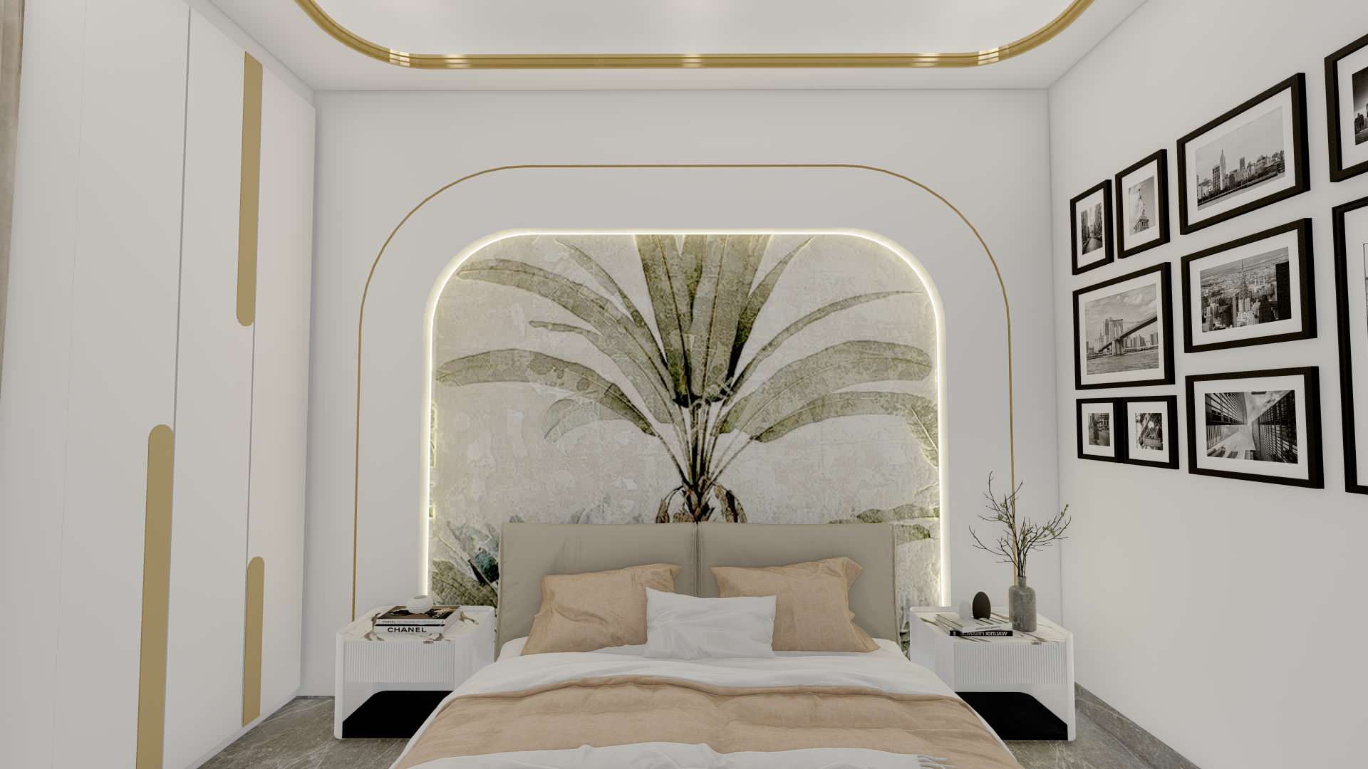Bedroom interior featuring king-size bed with layered throws and cushions, tray ceiling with recessed lights, and marble-look flooring.