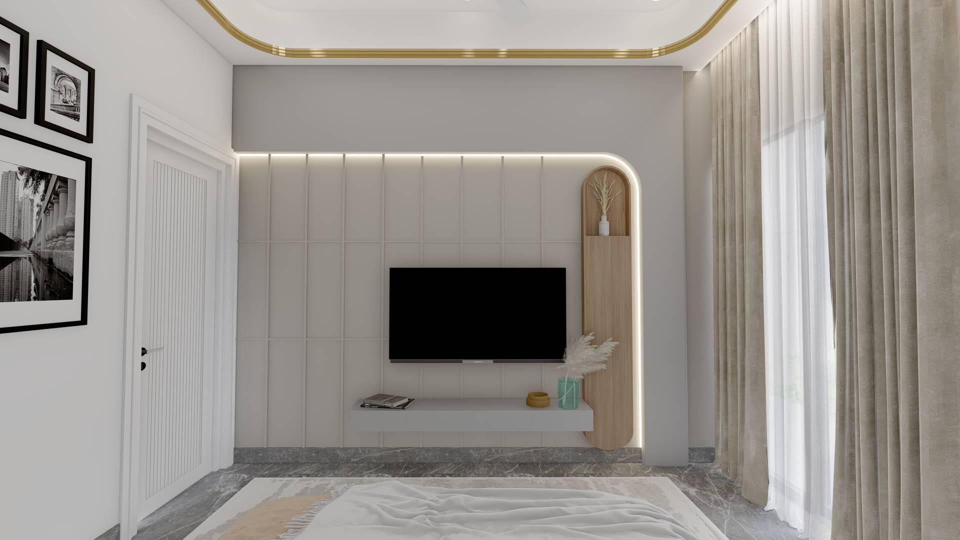 Minimalist bedroom with built-in wardrobes, bedside tables, and concealed storage around the bed.