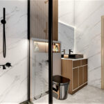 Thumbnail of http://Hallway%20with%20glass%20wardrobe%20doors,%20white%20wall%20panels%20and%20wood%20door.