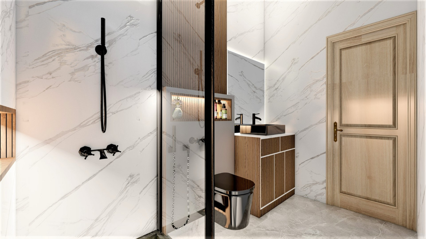 Hallway with glass wardrobe doors, white wall panels and wood door.