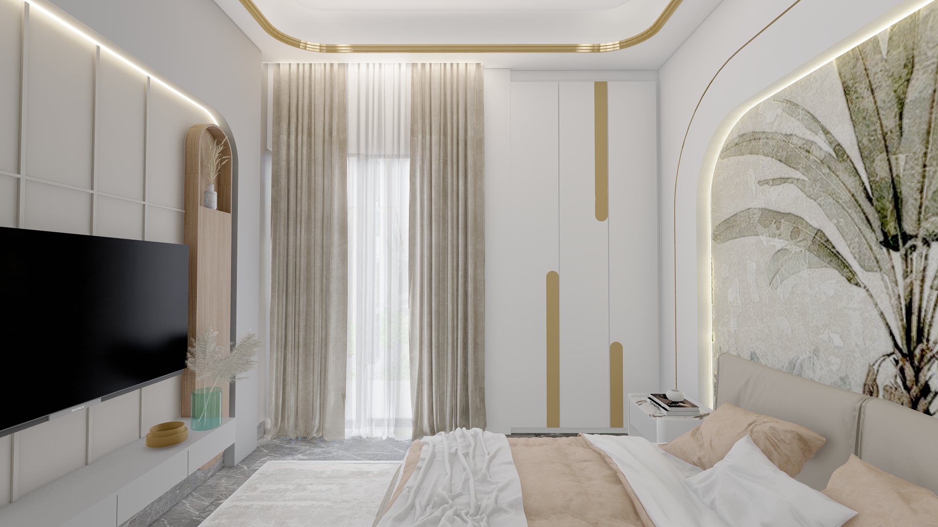 Bedroom wall with black-and-white framed artwork beside a neutral upholstered bed and illuminated headboard.