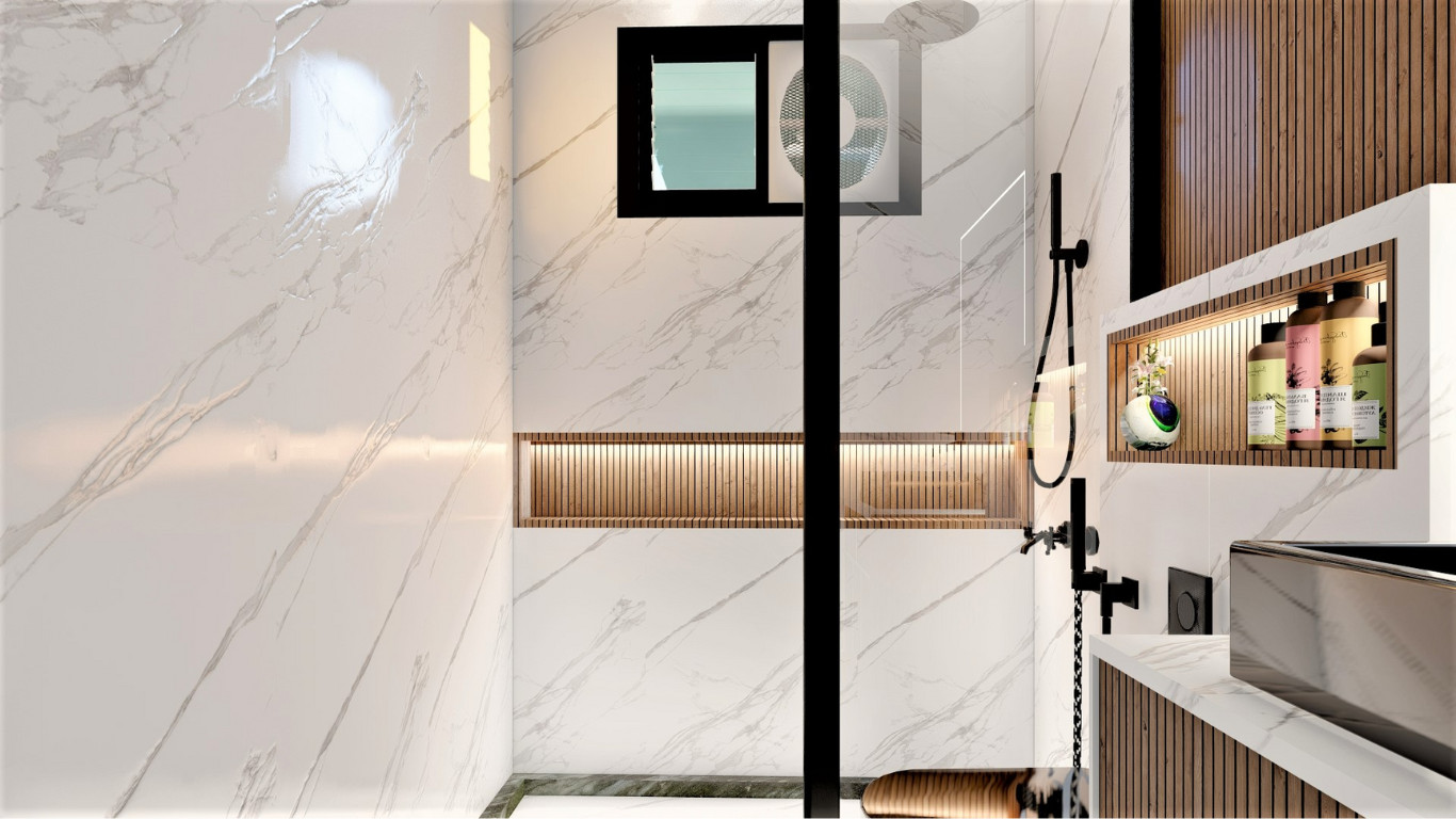 Floating-style vanity with wood slats, grey basin and large mirror.