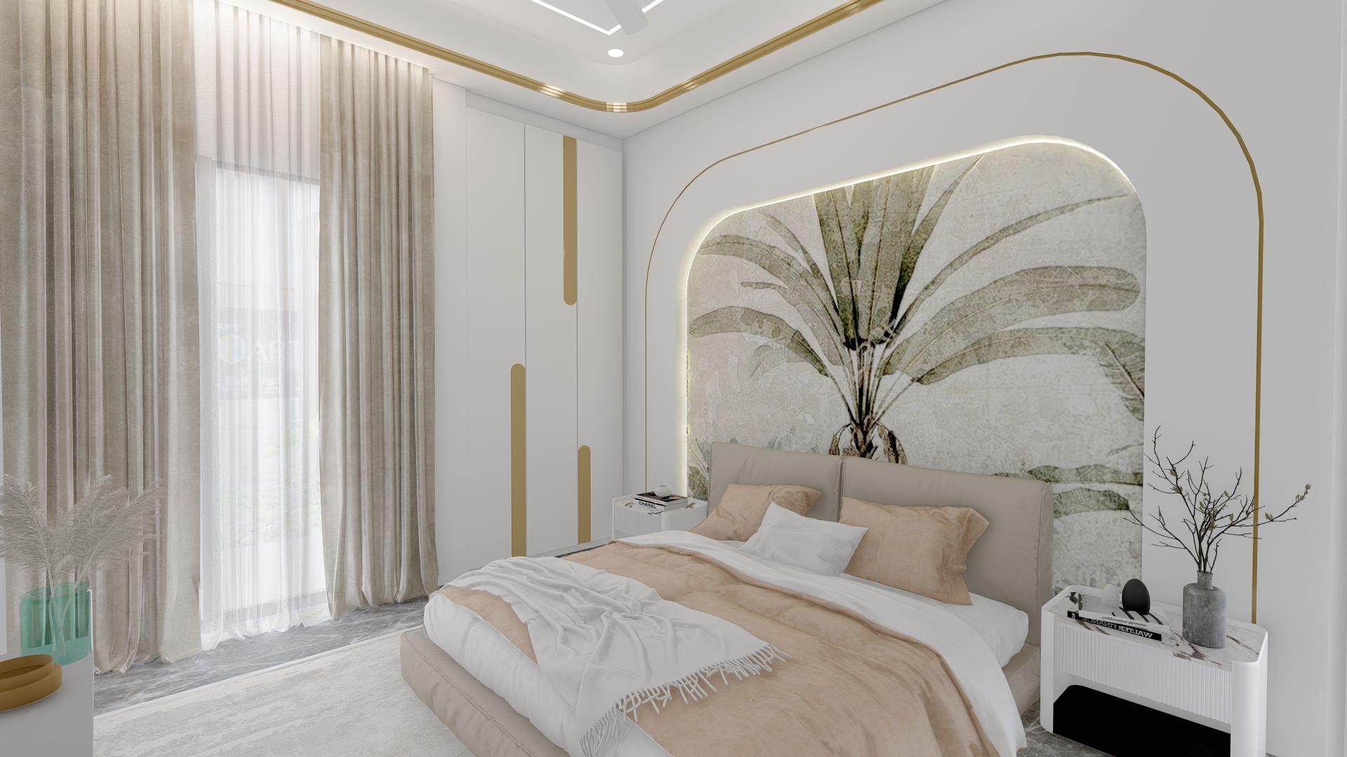 Master bedroom with large upholstered bed, arched niche headboard with backlighting, and subtle botanical wall art.