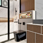 Thumbnail of http://Glass-fronted%20wardrobe%20area%20with%20wood%20walls,%20bench%20and%20ceiling%20lighting.