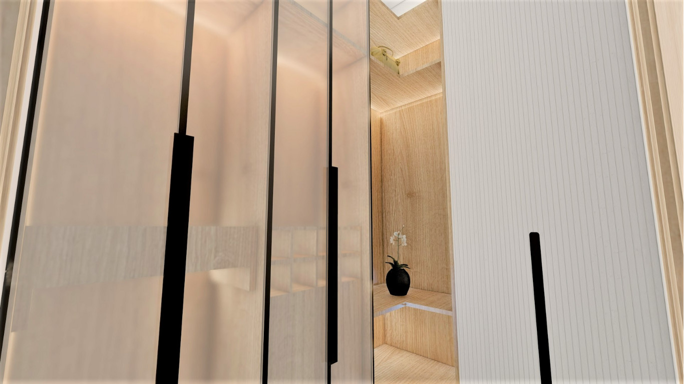 Bathroom vanity with wood slats, marble splashback and countertop basin.