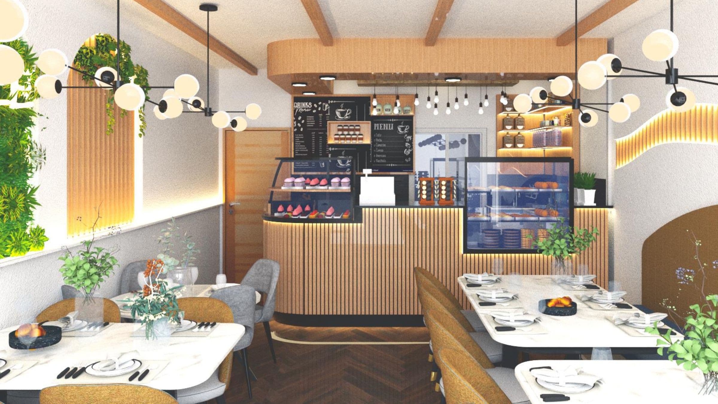 Modern Greenleaf Cafe in Notting Hill main dining area with wood panelling and green wall.​