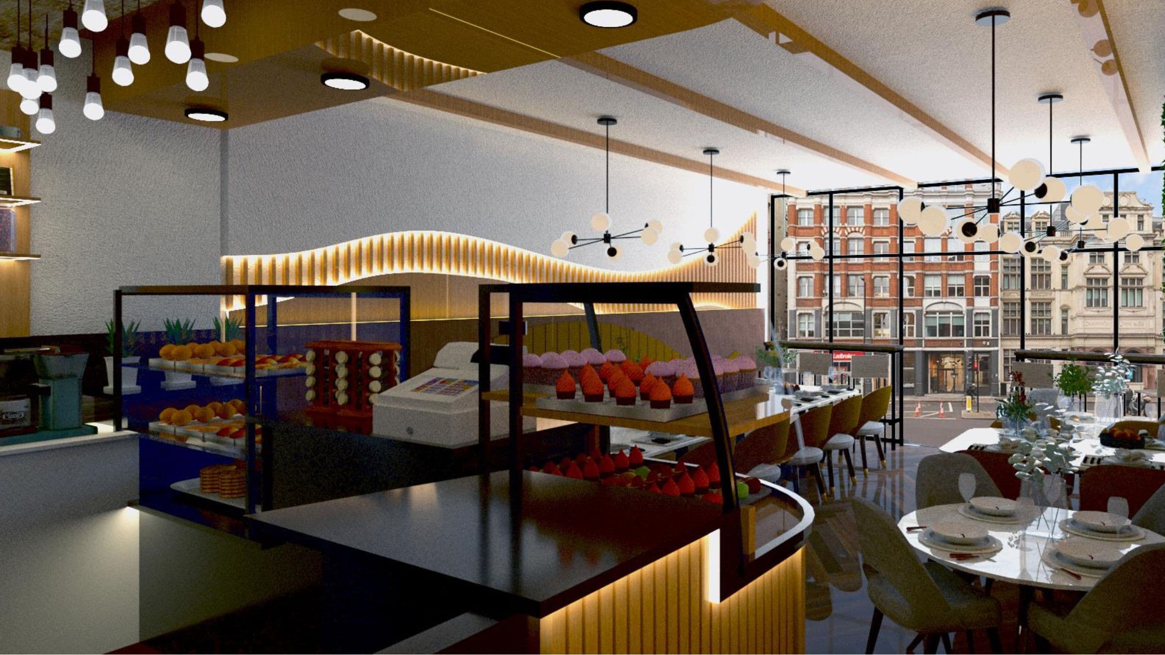 Modern Greenleaf Cafe in Notting Hill interior looking towards the street.​