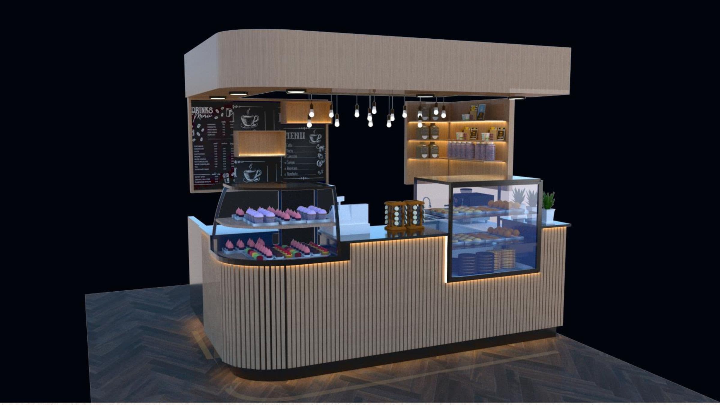 Modern Greenleaf Cafe in Notting Hill kiosk 3D rendering with display cases.
