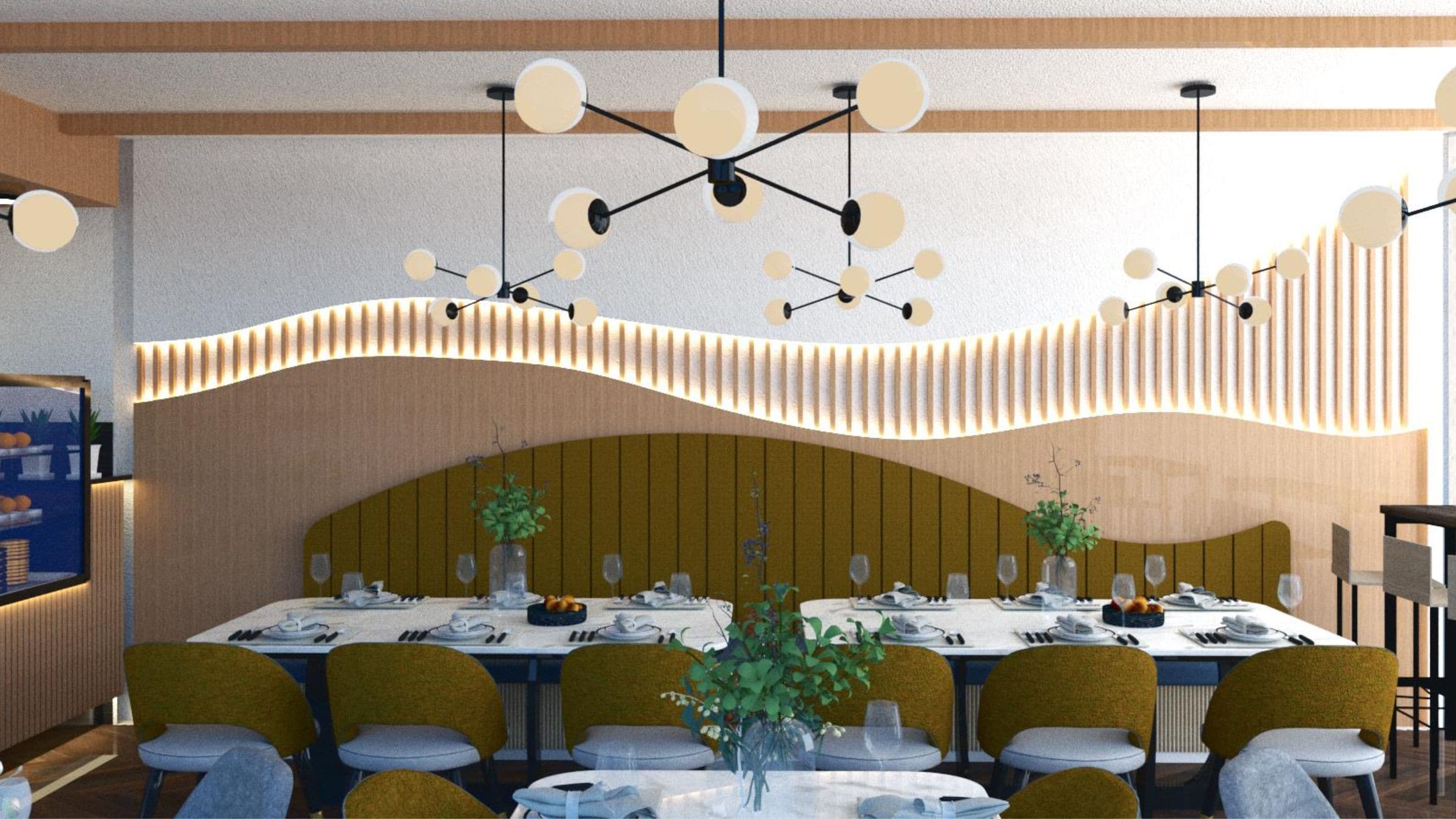 Modern Greenleaf Cafe in Notting Hill dining room with banquette seating and wall panelling.​