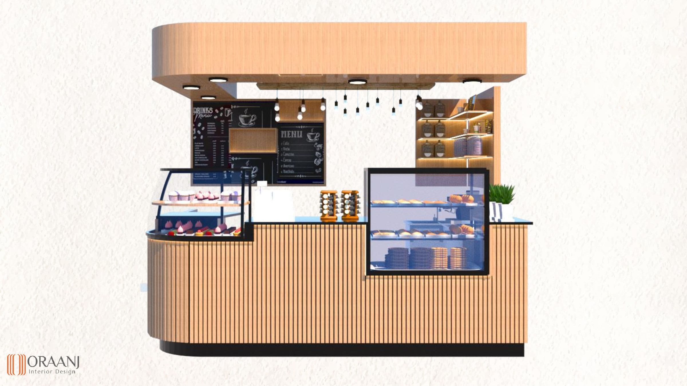 Modern Greenleaf Cafe in Notting Hill kiosk counter with light wood panelling and display case.