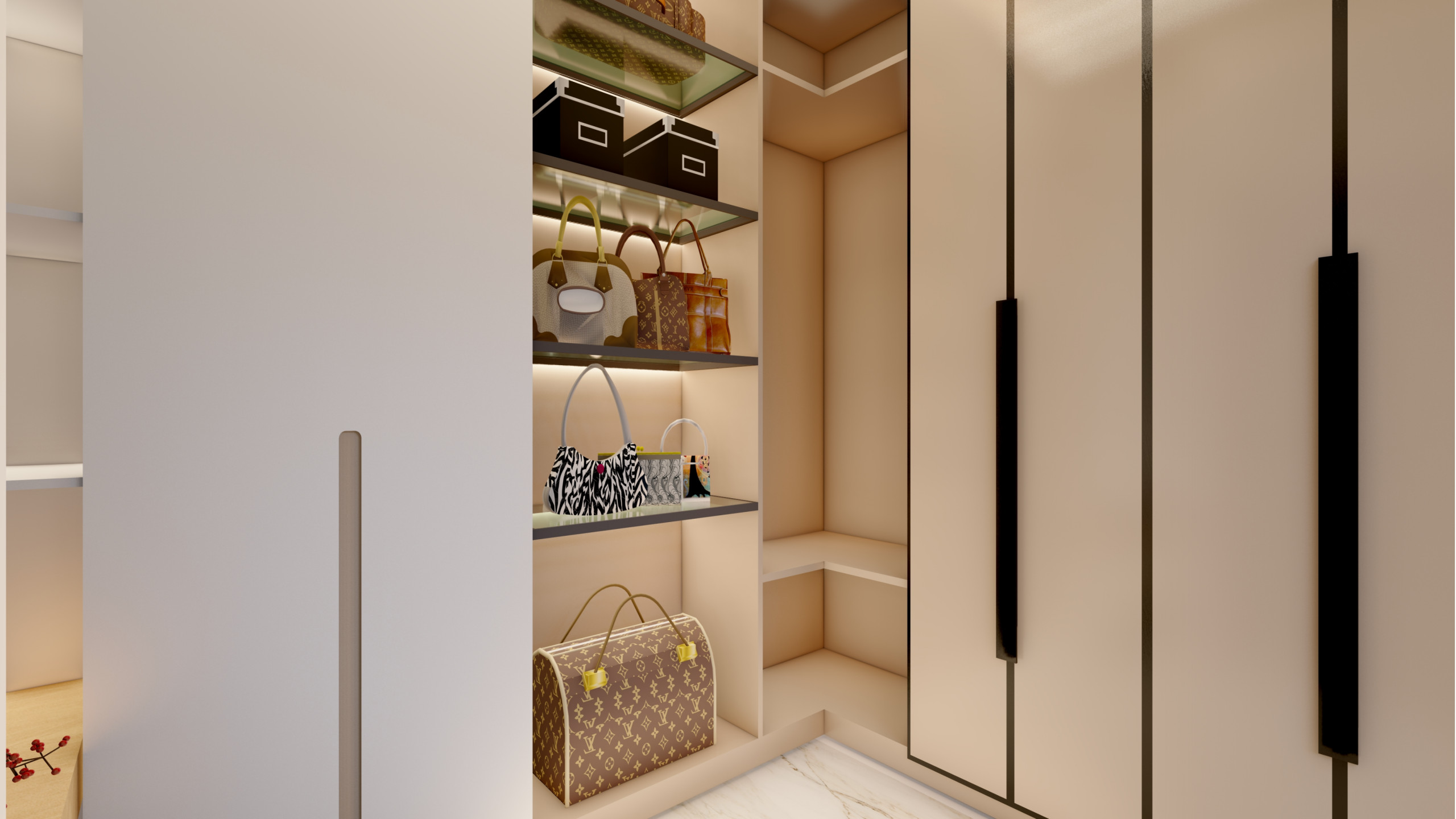 Modern walk-in closet with sleek handleless cabinets, LED shelving, wooden door and minimalist design in Dorking