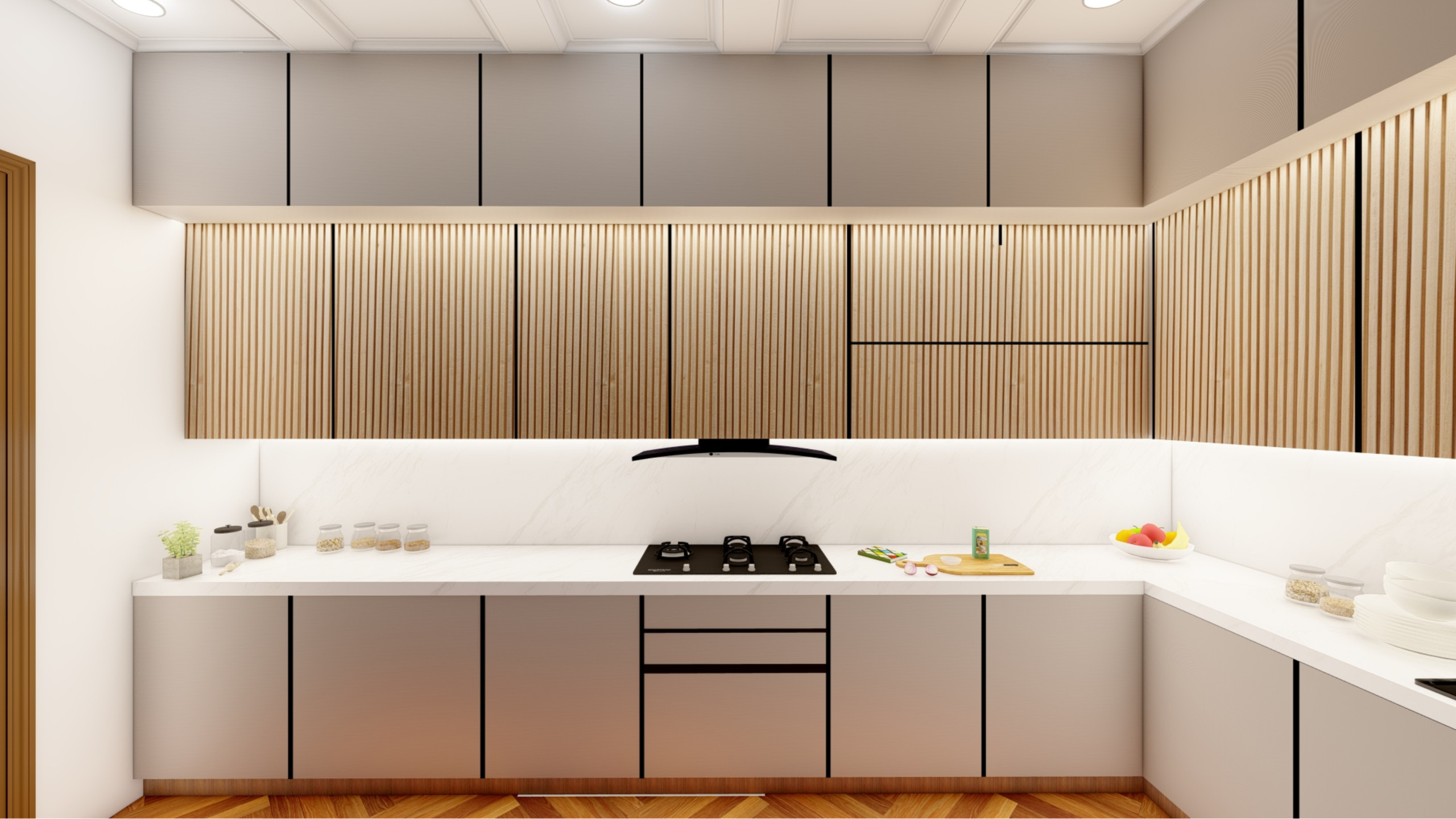 Refined modern kitchen installation displaying grey flat-panel handleless lower units, pristine white marble working surfaces and protective backsplash, backlit natural wooden vertical slat upper cabinets with integrated LED illumination, geometric herringbone wood floor pattern, seamlessly integrated modern gas cooktop and built-in oven, stainless refrigerator, contemporary sink with matte black tap, minimalist design aesthetic, warm neutral tones, and functional elegant cooking area in Reigate residence.