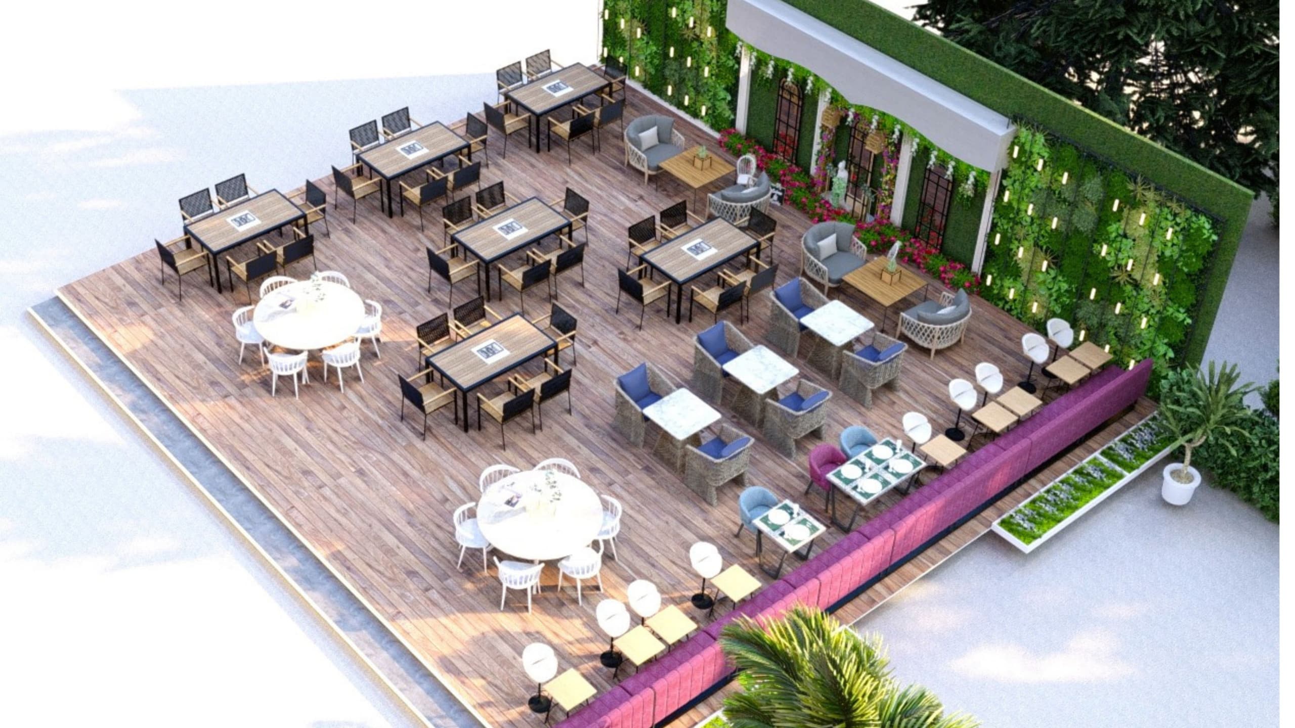 Aerial view of high-end restaurant outdoor terrace featuring natural wood deck flooring, dark wood dining tables with white chairs, lounge seating area, white modern pergola structure, dramatic vertical living wall with abundant greenery, planters, and nature-inspired sustainable design in Notting Hill