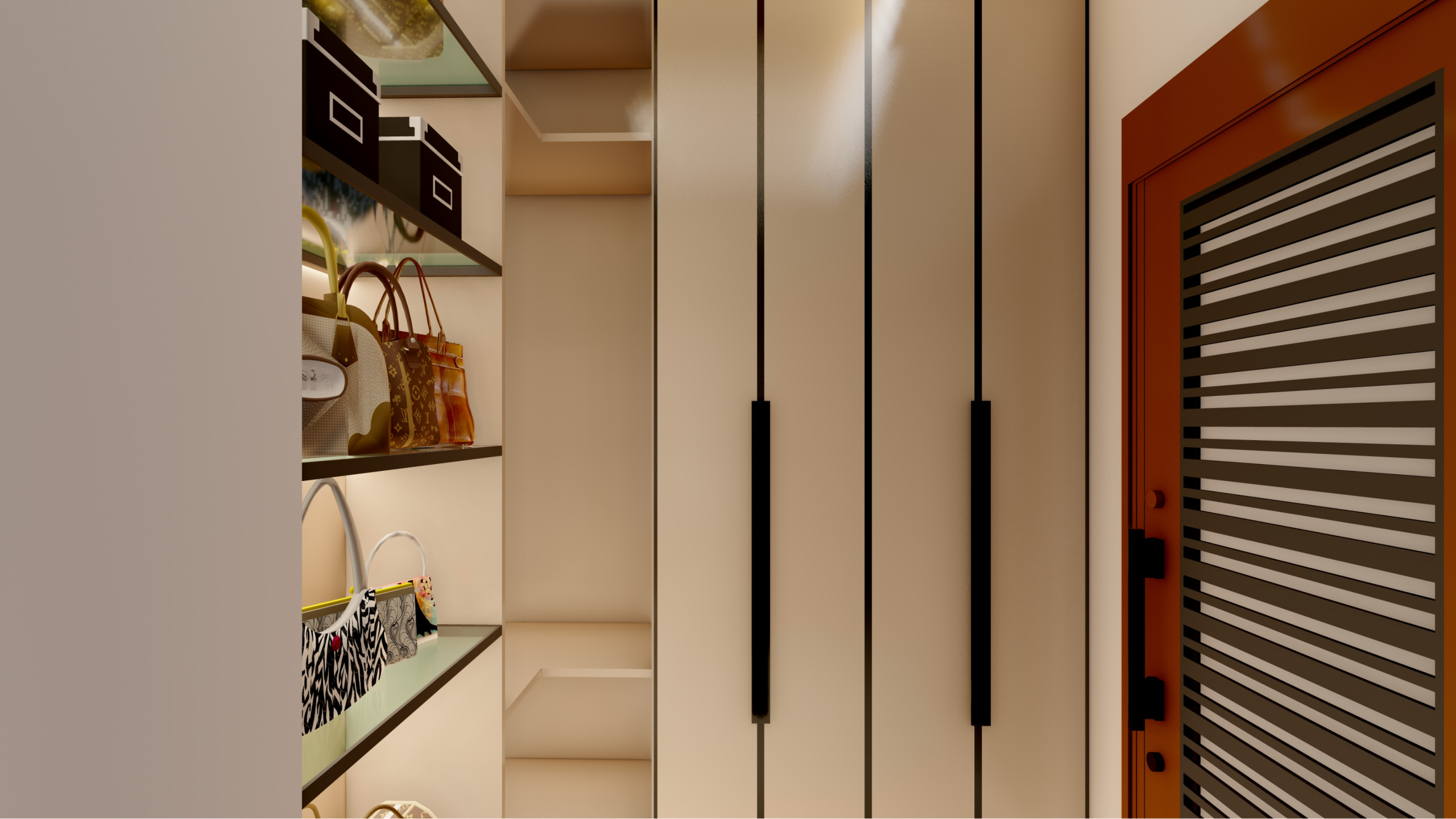 Walk-in wardrobe with illuminated glass shelves, handleless cabinets, display storage and pendant lighting