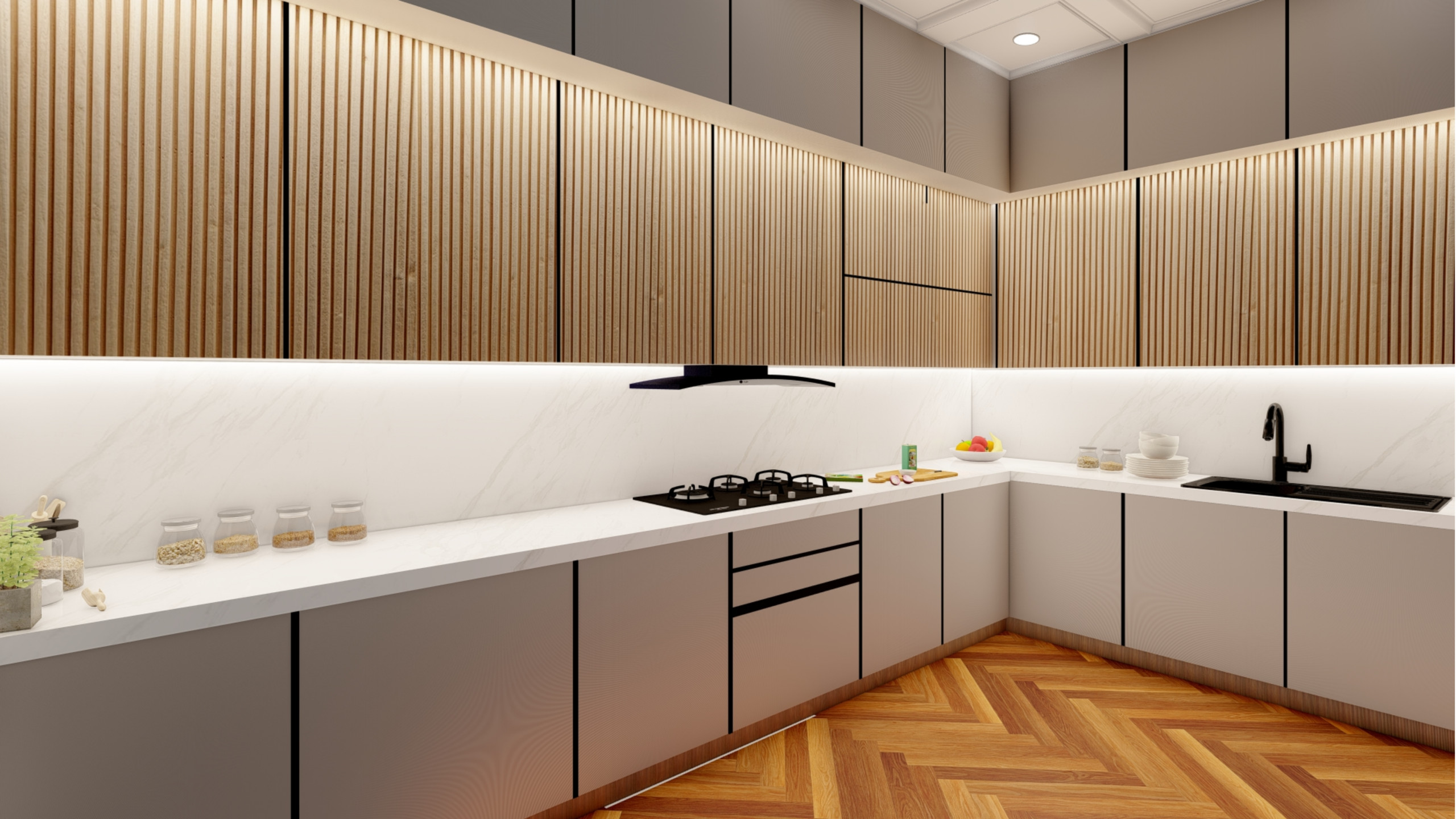 Elegant sophisticated kitchen featuring grey minimalist flat-front lower cabinets, white natural stone marble countertops and splashback, illuminated vertical wood slat upper storage units with warm LED accent lighting, chevron herringbone wood floor pattern, high-end integrated gas cooking surface and oven, double-door refrigerator unit, modern undermount sink fixture, seamless handleless cabinetry, refined neutral color scheme, and luxurious culinary workspace in Reigate home.