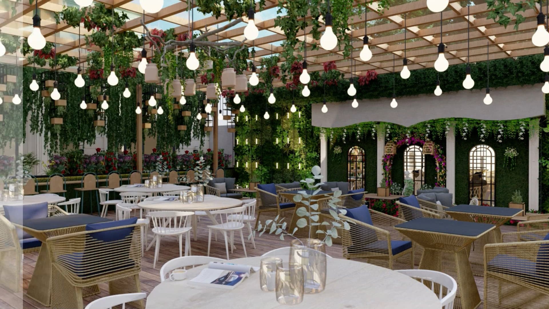 High-end restaurant interior with cascading hanging plants and vines from ceiling, vintage Edison bulb string lights, natural wood built-in banquette seating with blue cushions, white modern dining tables and chairs, potted plants, arched windows with greenery views, and light-filled airy atmosphere in Notting Hill