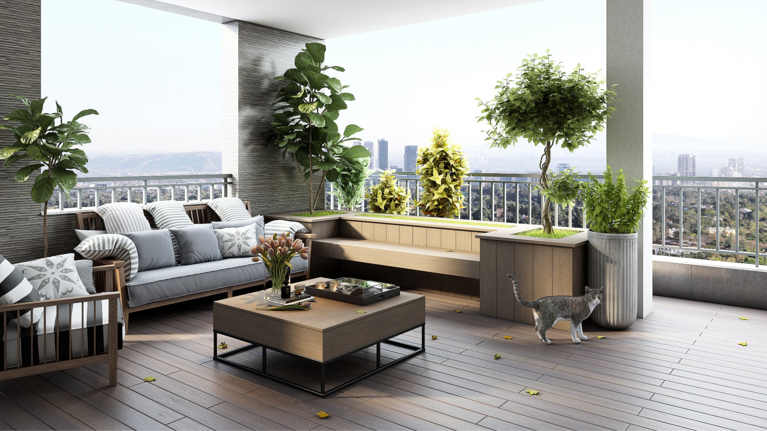 Spacious boho balcony in Caterham with outdoor sofa, built-in bench, greenery, and city view.