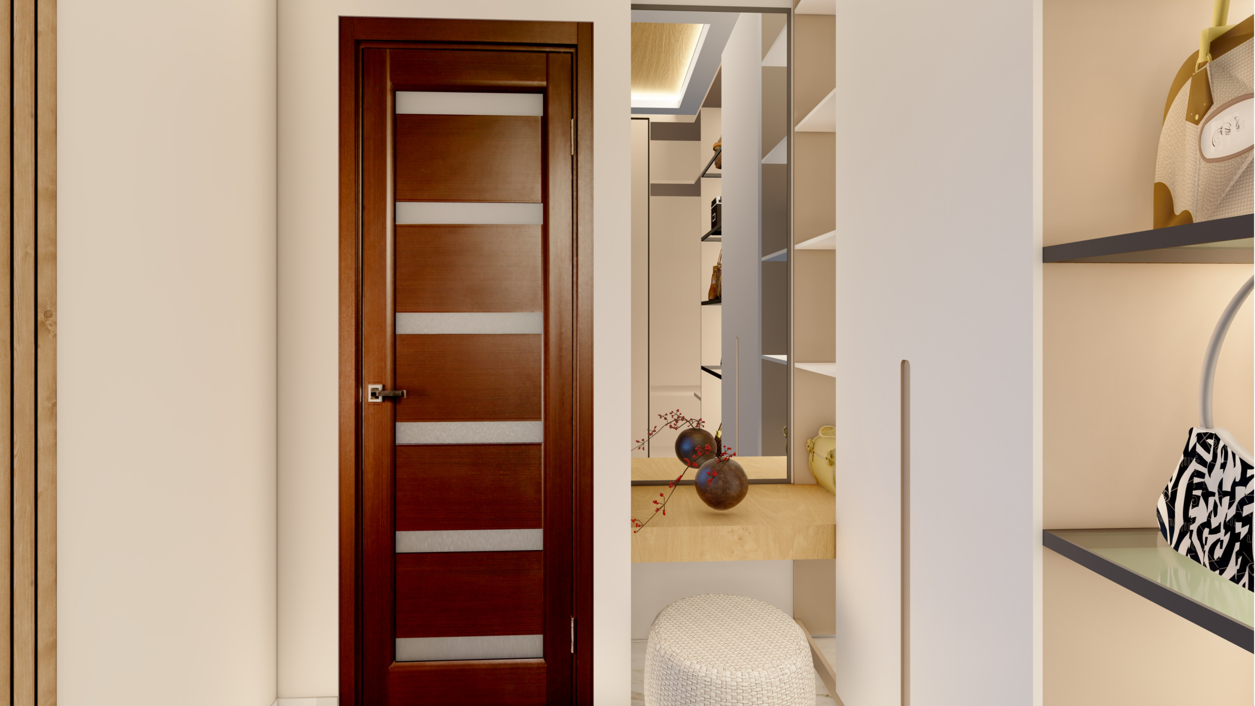 Spacious walk-in closet with wooden door, white fitted wardrobes, illuminated shelving and modern minimalist design