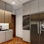 Thumbnail of http://Modern%20contemporary%20kitchen%20showcasing%20matte%20grey%20flat-panel%20lower%20cabinetry,%20polished%20white%20marble%20work%20surfaces%20and%20wall%20protection,%20vertical%20natural%20wood%20panel%20upper%20cabinets%20with%20concealed%20LED%20strip%20lighting,%20warm%20parquet%20herringbone%20flooring%20pattern,%20premium%20stainless%20steel%20gas%20cooktop%20and%20built-in%20oven,%20side-by-side%20refrigerator%20freezer,%20integrated%20sink%20with%20contemporary%20faucet,%20handleless%20cabinet%20design,%20sophisticated%20neutral%20tones,%20and%20elegant%20cooking%20environment%20in%20Reigate%20property.