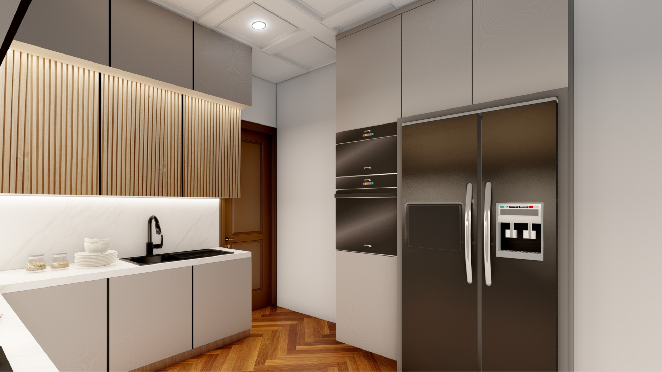 Modern contemporary kitchen showcasing matte grey flat-panel lower cabinetry, polished white marble work surfaces and wall protection, vertical natural wood panel upper cabinets with concealed LED strip lighting, warm parquet herringbone flooring pattern, premium stainless steel gas cooktop and built-in oven, side-by-side refrigerator freezer, integrated sink with contemporary faucet, handleless cabinet design, sophisticated neutral tones, and elegant cooking environment in Reigate property.