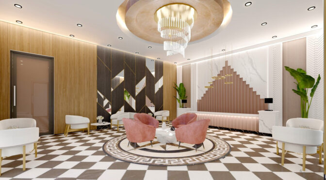 Wide angle luxury lounge interior with black and white checkerboard floor, circular pink velvet seating area, crystal chandelier, chevron black wall, stepped pyramid rose gold wall, and wood paneling