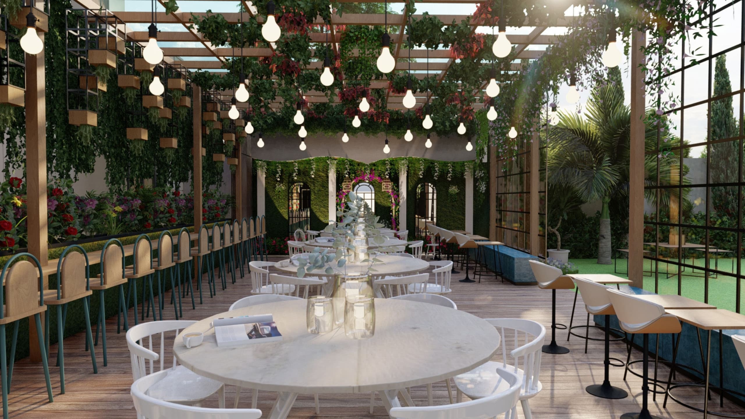 Elegant restaurant corridor with hanging plants and vines overhead, vintage Edison bulb string lights, natural wood banquette seating with green cushions on both sides, long white circular communal dining table in center, potted plants, large windows with garden views, and light-filled airy atmosphere in Notting Hill