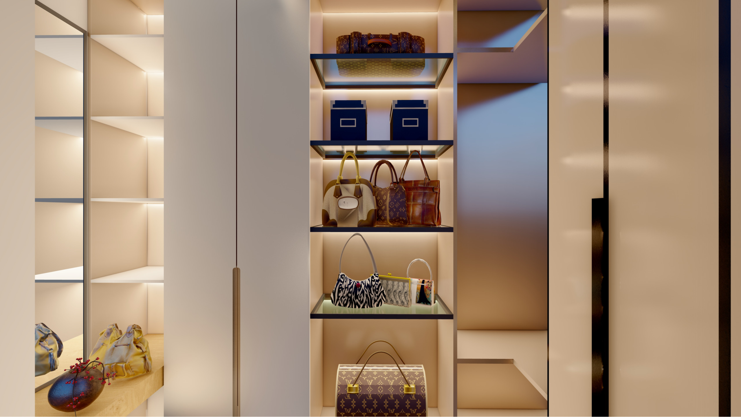 Elegant walk-in closet entrance with handleless white cabinets, pendant lights, open shelving and luxury storage design