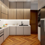 Thumbnail of http://Contemporary%20L-shaped%20kitchen%20design%20featuring%20sleek%20grey%20handleless%20lower%20cabinets,%20luxurious%20white%20marble%20countertops%20and%20backsplash,%20natural%20wood%20vertical%20slat%20upper%20cabinets%20with%20integrated%20LED%20backlighting,%20warm%20herringbone%20wood%20flooring,%20stainless%20steel%20integrated%20cooktop%20and%20oven,%20double-door%20refrigerator,%20undermount%20sink%20with%20black%20faucet,%20minimal%20hardware,%20neutral%20grey%20and%20white%20color%20palette,%20and%20sophisticated%20modern%20culinary%20space%20in%20Reigate%20residence.