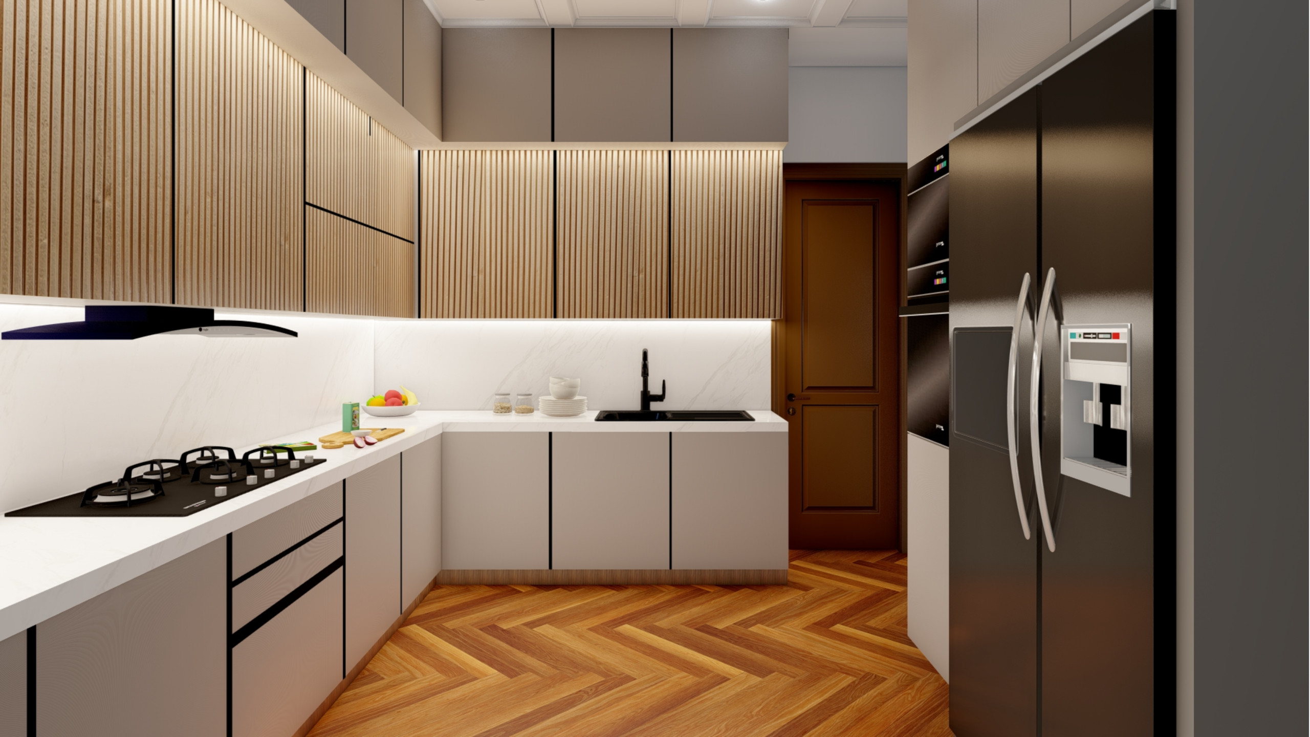 Contemporary L-shaped kitchen design featuring sleek grey handleless lower cabinets, luxurious white marble countertops and backsplash, natural wood vertical slat upper cabinets with integrated LED backlighting, warm herringbone wood flooring, stainless steel integrated cooktop and oven, double-door refrigerator, undermount sink with black faucet, minimal hardware, neutral grey and white color palette, and sophisticated modern culinary space in Reigate residence.