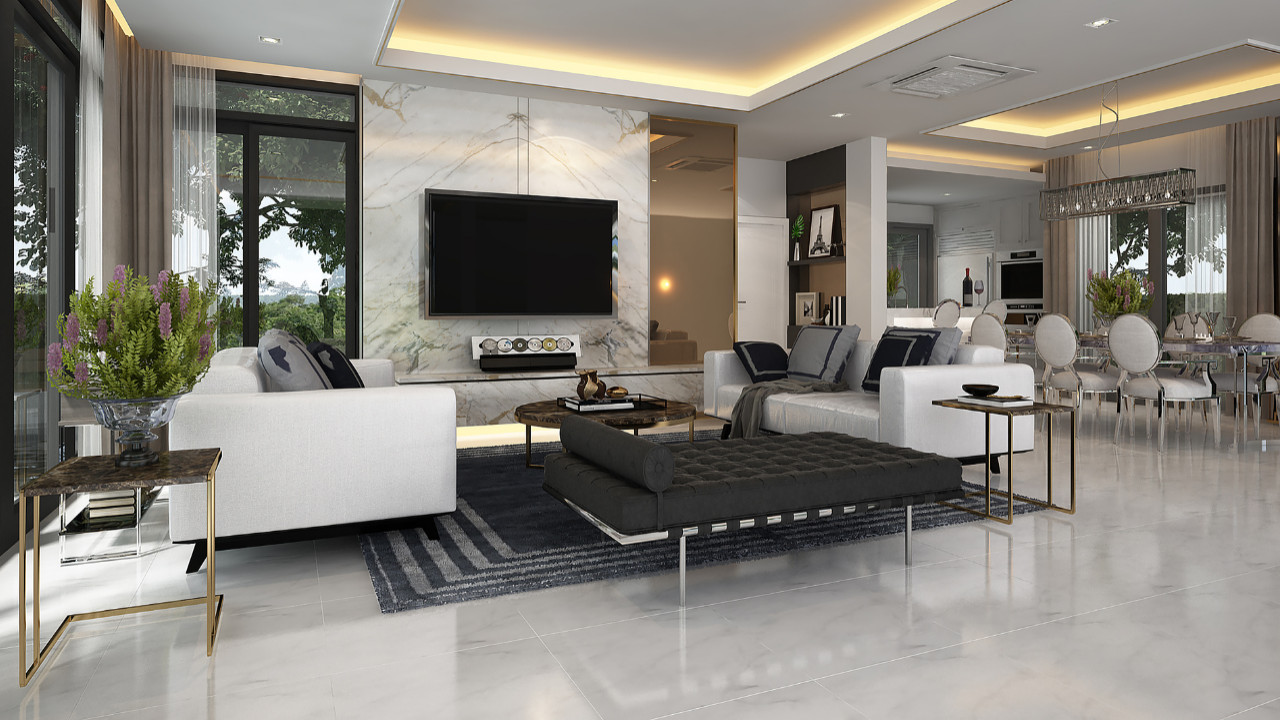 Elegant complete interior upgrade with luxury marble stone surfaces on counters and floors, sophisticated modern furniture pieces including sectionals and dining tables, unified neutral color scheme throughout residence, precision execution in kitchen and bath installations, adaptable room designs with flexible functionality, end-to-end lighting design with decorative and functional fixtures, elegant freestanding tub in luxury bathroom, textured wood wall panels with natural finishes, floor-to-ceiling window walls with daylight access, built-in storage systems with seamless integration, high-specification appliances and sanitary ware, tranquil bedroom design with fabric headboard and layered lighting, continuous open living plan with defined areas, warm metallic accents in brass and gold, interior plants and natural elements, contemporary furniture with refined profiles, coordinated material selections throughout, productive home office spaces, and complete interior design services in Kensington