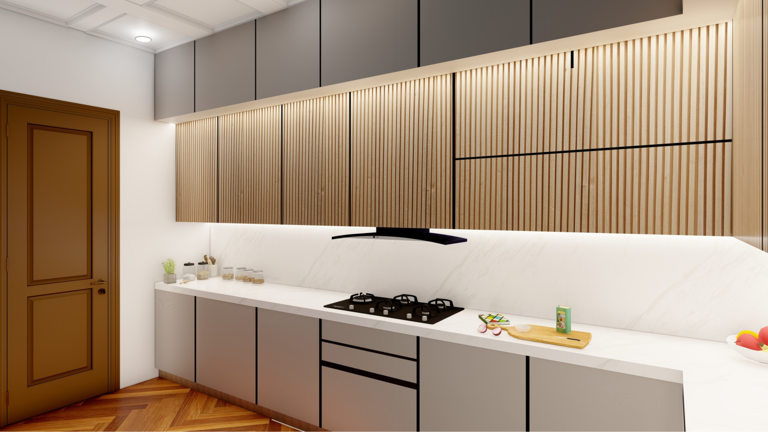 Luxurious timeless kitchen design featuring grey handleless flat-front cabinetry system, white marble countertops and backsplash finishes, natural wood vertical slatted upper units with integrated ambient lighting strips, herringbone pattern timber flooring in warm tone, premium stainless steel gas range and oven, built-in refrigerator freezer, modern undermount sink with black mixer tap, sleek minimal hardware, sophisticated grey white and wood palette, and elegant functional cooking space in Reigate luxury property.