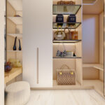 Thumbnail of http://Minimalist%20walk-in%20closet%20with%20illuminated%20white%20shelving,%20pendant%20lights,%20luxury%20handbags%20and%20modern%20storage%20solutions%20in%20Dorking