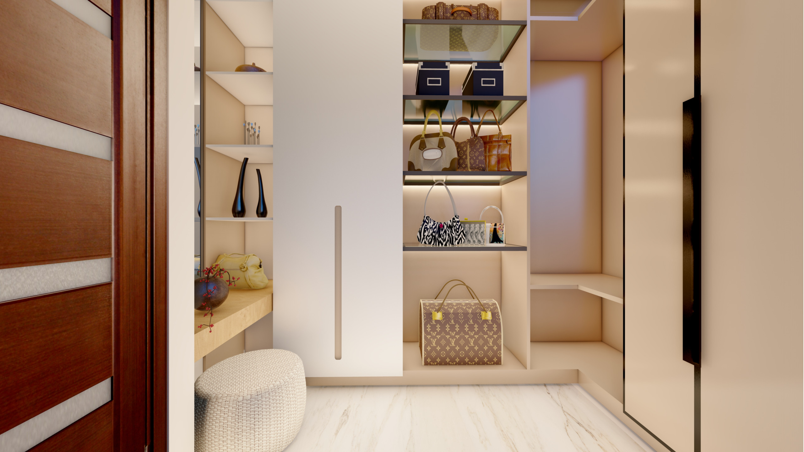 Minimalist walk-in closet with illuminated white shelving, pendant lights, luxury handbags and modern storage solutions in Dorking