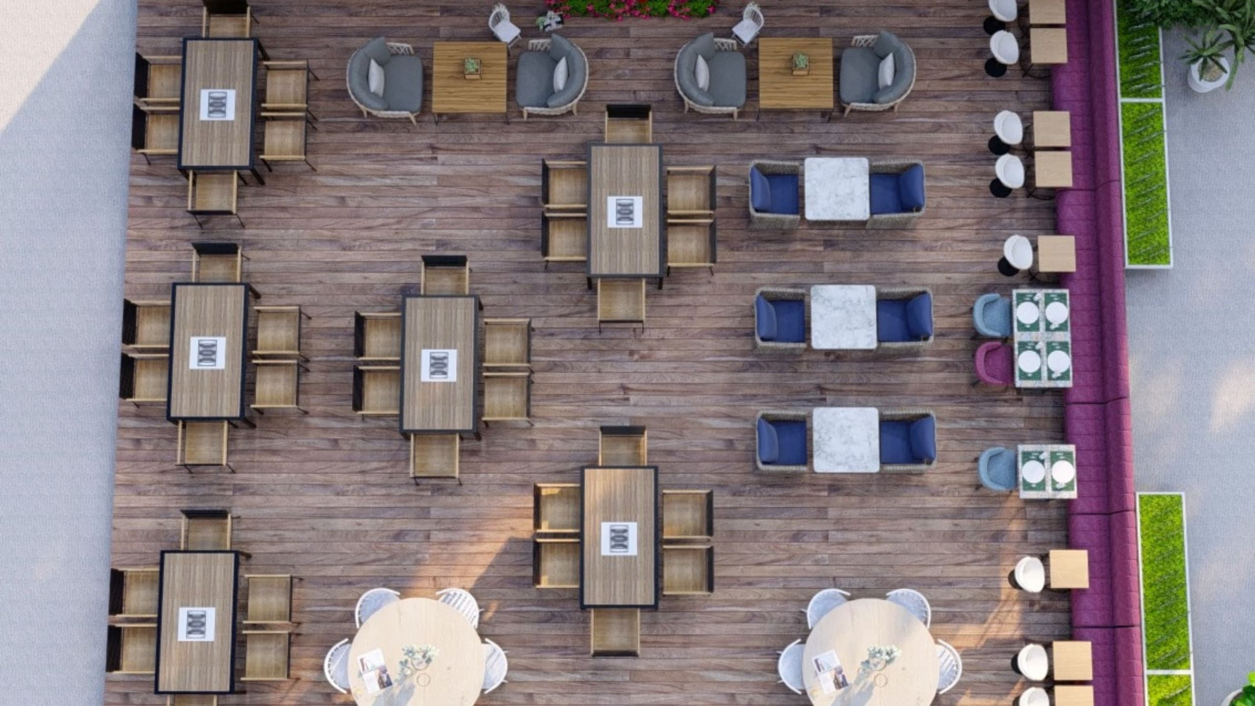 Top-down view of high-end restaurant floor plan showing natural wood flooring, mix of booth seating and dining tables with grey chairs, green accent seating, potted plants, white curved architectural elements, and organic layout in Notting Hill