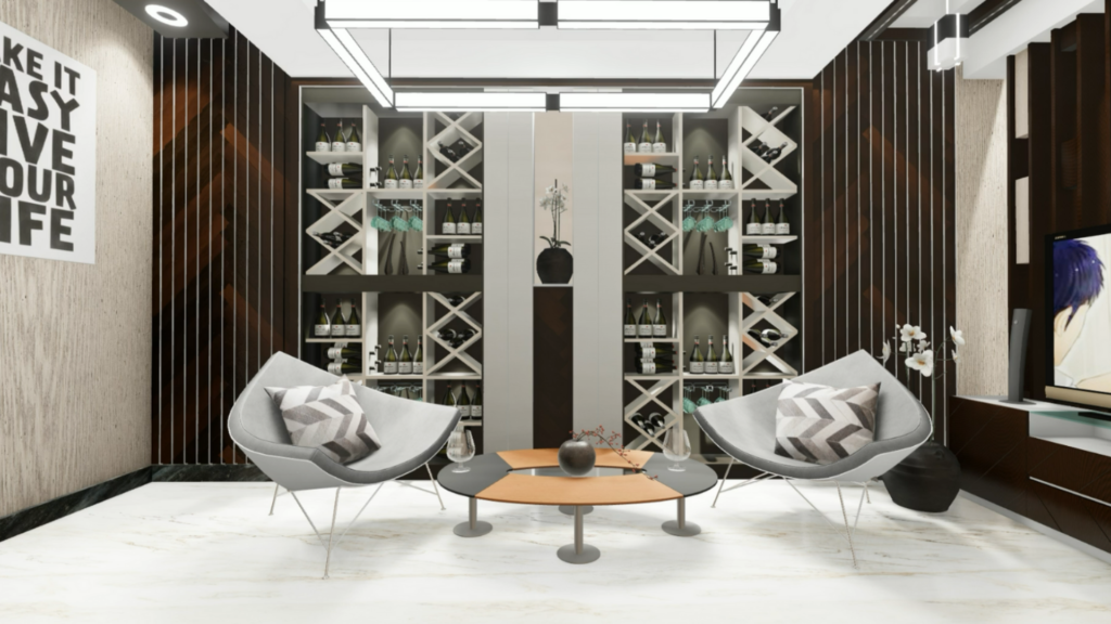 The premises host a wine lounge that Luxury Interior Design Company London created through handmade wine racks along with sleek furniture combined with sophisticated illumination.